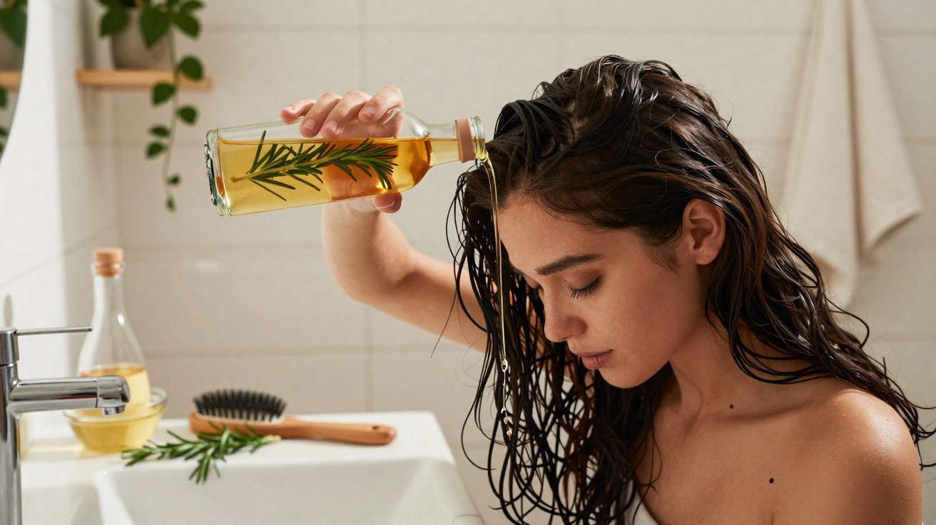 Mulher aplicando óleo com alecrim no cabelo molhado em banheiro claro, com pente e planta ao fundo.