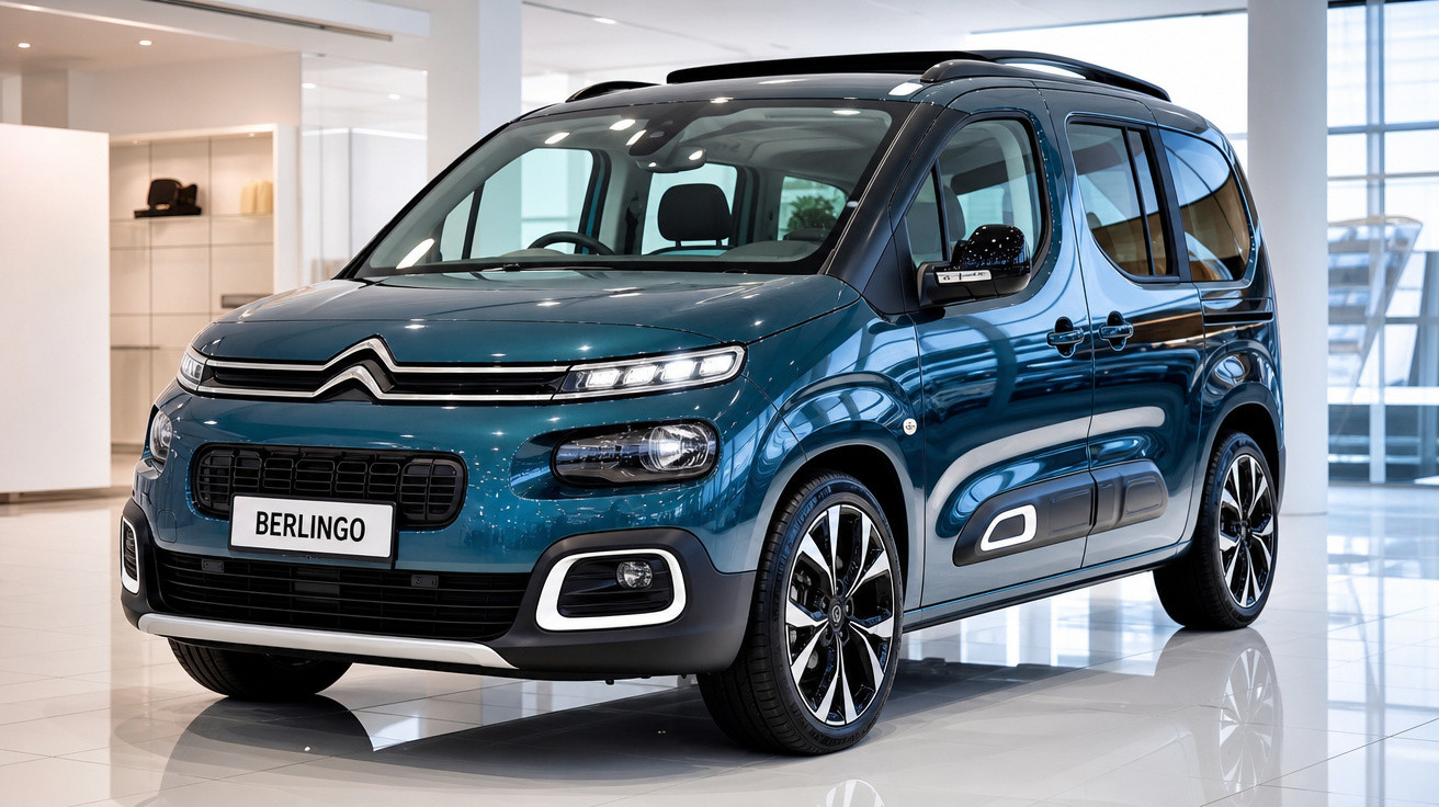 Carro Citroën Berlingo azul em exposição dentro de salão com piso claro e paredes brancas.