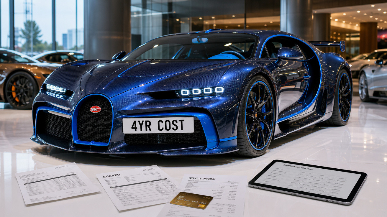 Carro esportivo Bugatti azul, placa 4YR COST, exibido em showroom com documentos e tablet à frente.