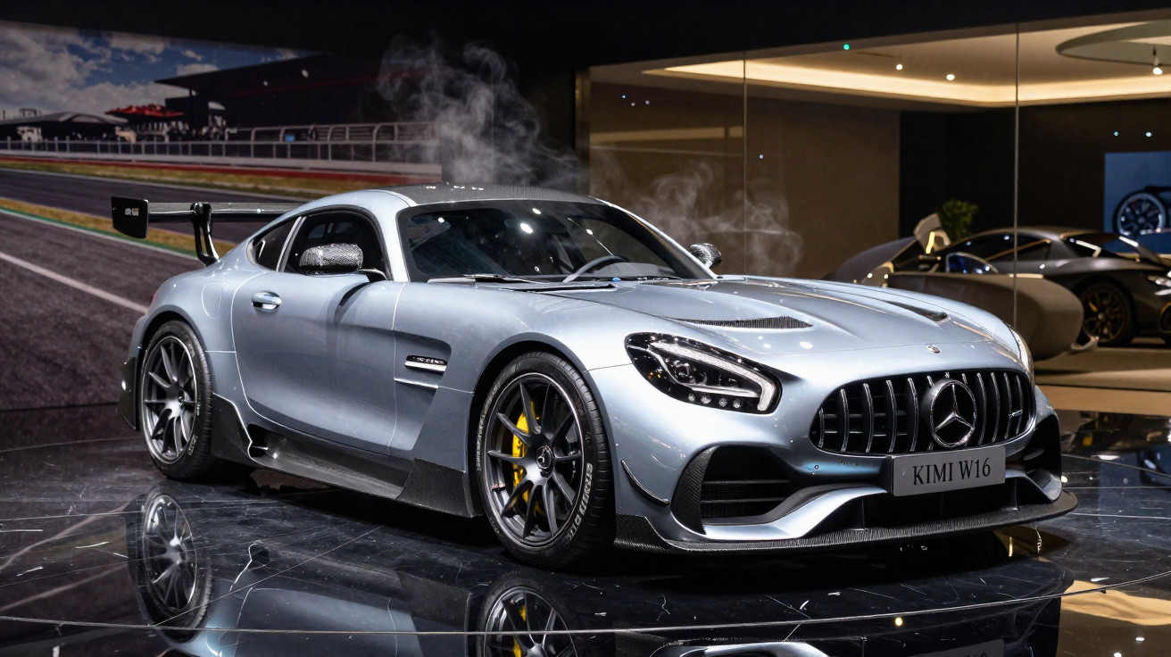 Carro esportivo Mercedes-AMG prata exibido em espaço interno com piso espelhado e fumaça saindo do capô.