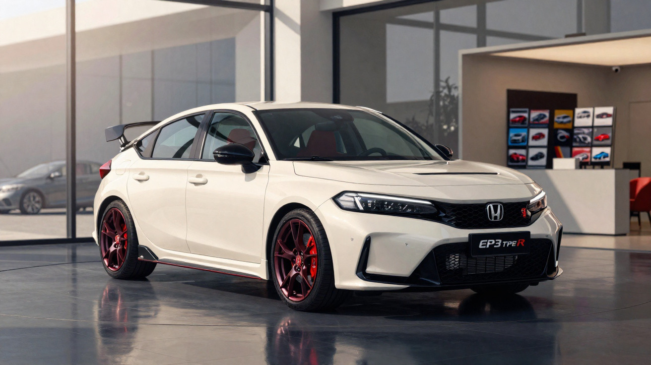 Honda Civic Type R branco com rodas vermelhas em salão de carros moderno com paredes de vidro.