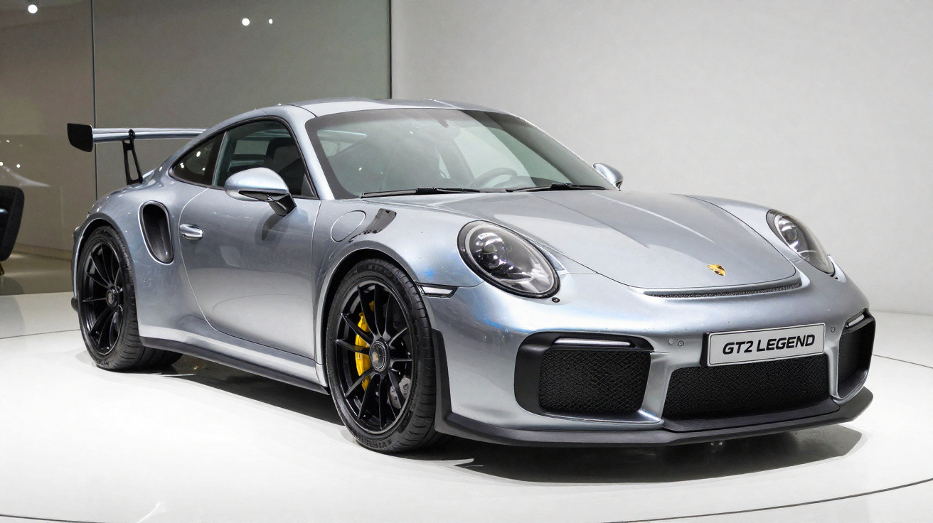 Carro esportivo cinza Porsche GT2 Legend estacionado em ambiente interno com rodas pretas e detalhes amarelos.