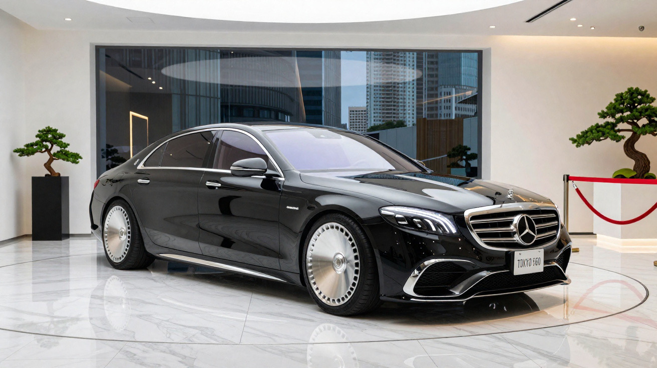 Carro preto Mercedes-Benz sedan exibido em ambiente interno com piso branco e plantas decorativas ao fundo.