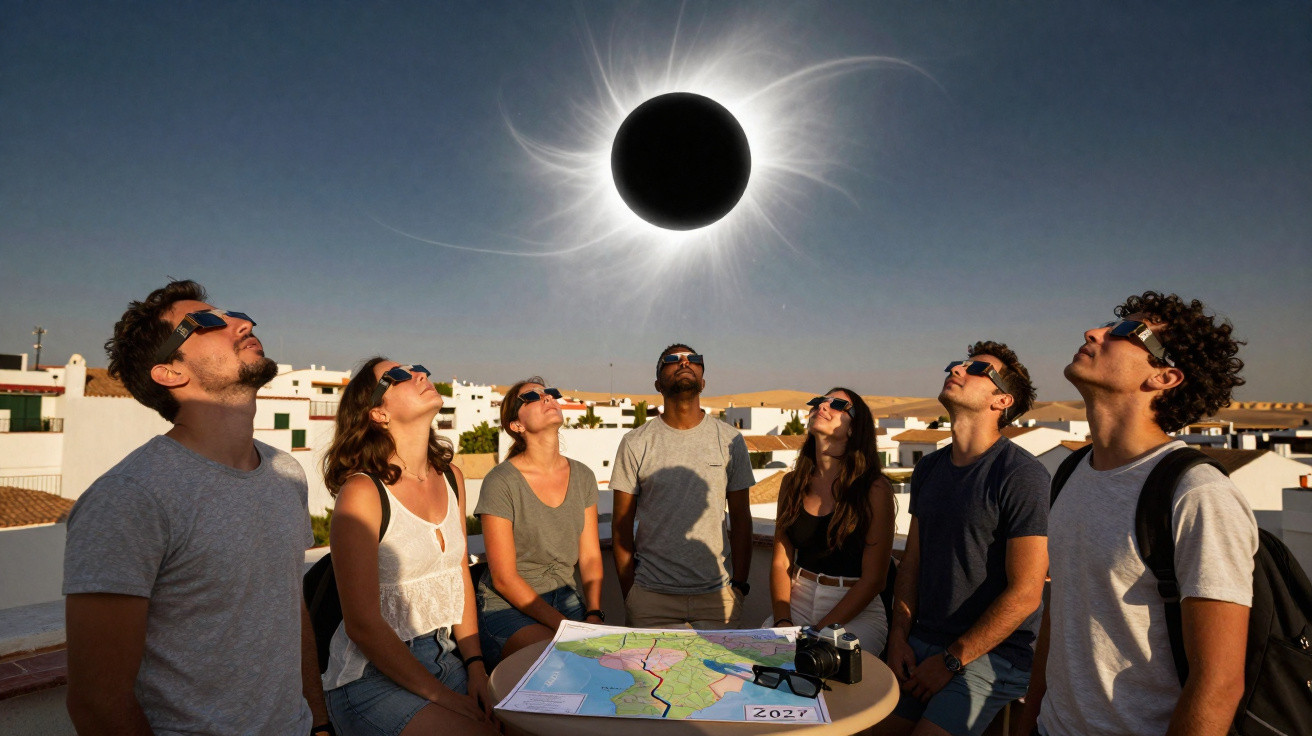 Grupo de pessoas usando óculos especiais observando eclipse solar total em área urbana.