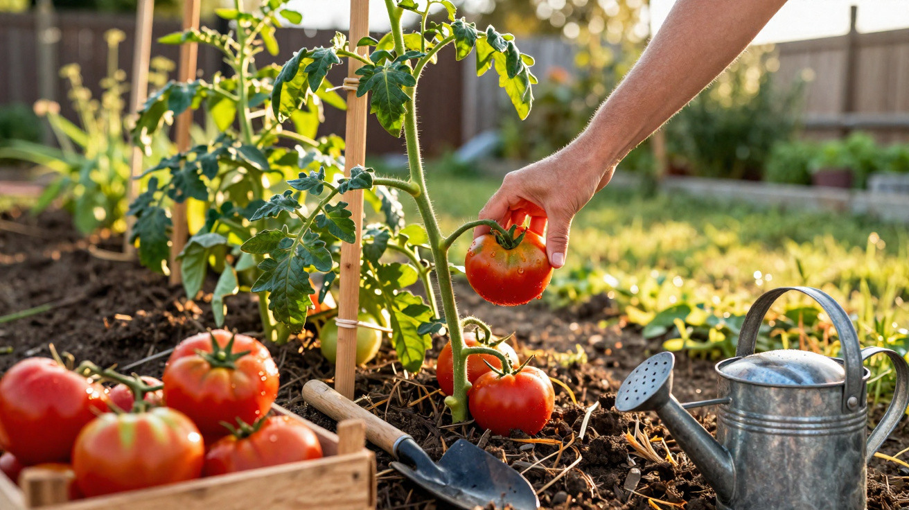 Pessoa colhendo tomate maduro em planta, com regador e caixa com tomates no jardim ensolarado.