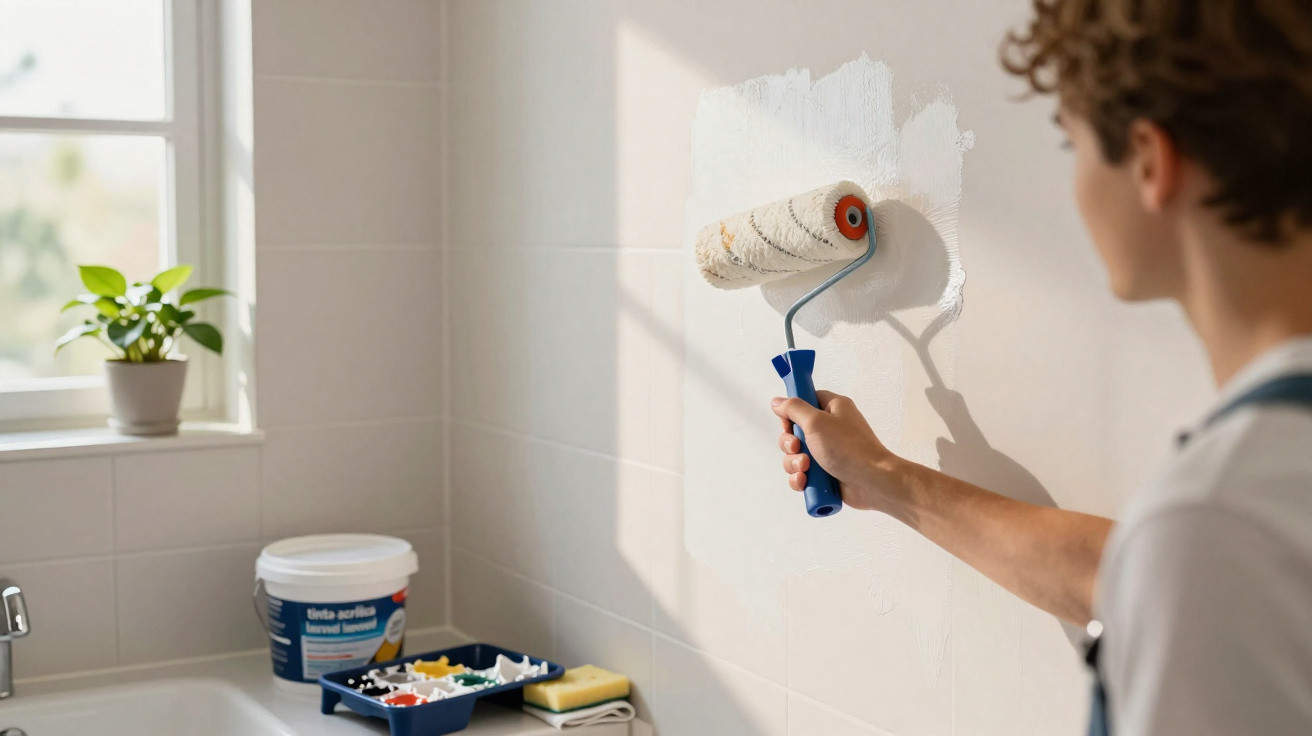 Pessoa pintando parede branca com rolo em ambiente interno iluminado por janela próxima.