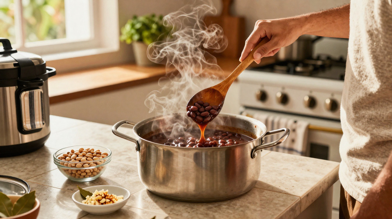 Pessoa mexendo feijão quente em panela de inox na cozinha, com ingredientes e panela elétrica ao fundo.