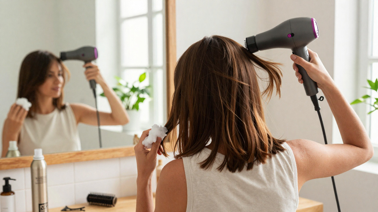 Mulher secando o cabelo com secador em frente ao espelho enquanto aplica produto no cabelo.