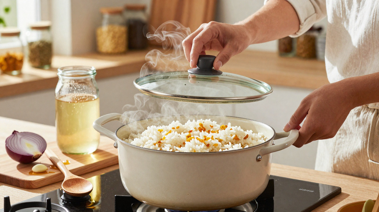 Pessoa abrindo tampa de panela com arroz branco soltando vapor em cozinha iluminada.