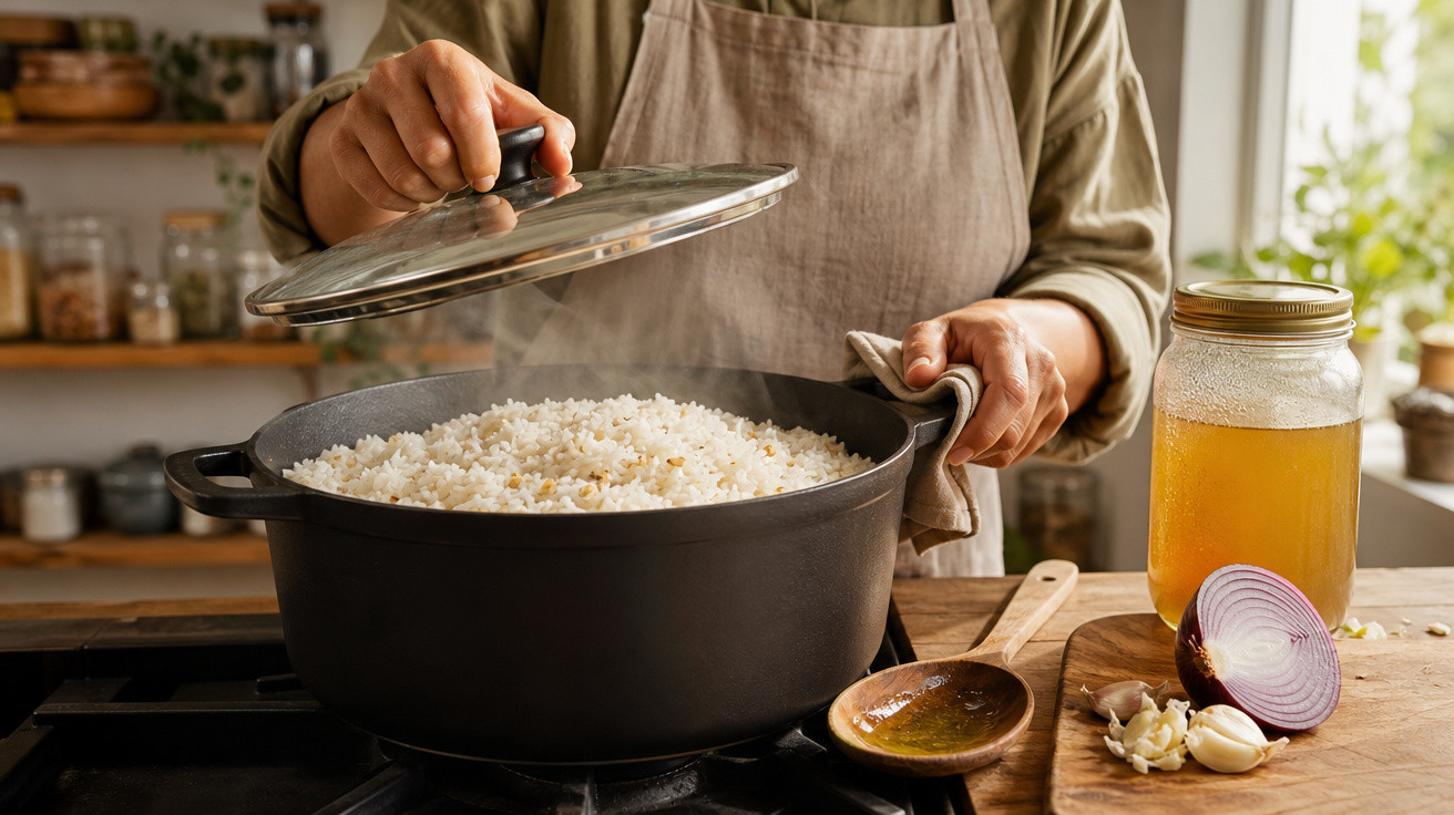 Pessoa retirando a tampa de uma panela com arroz cozido, ao lado cebola roxa, alho e pote de mel.