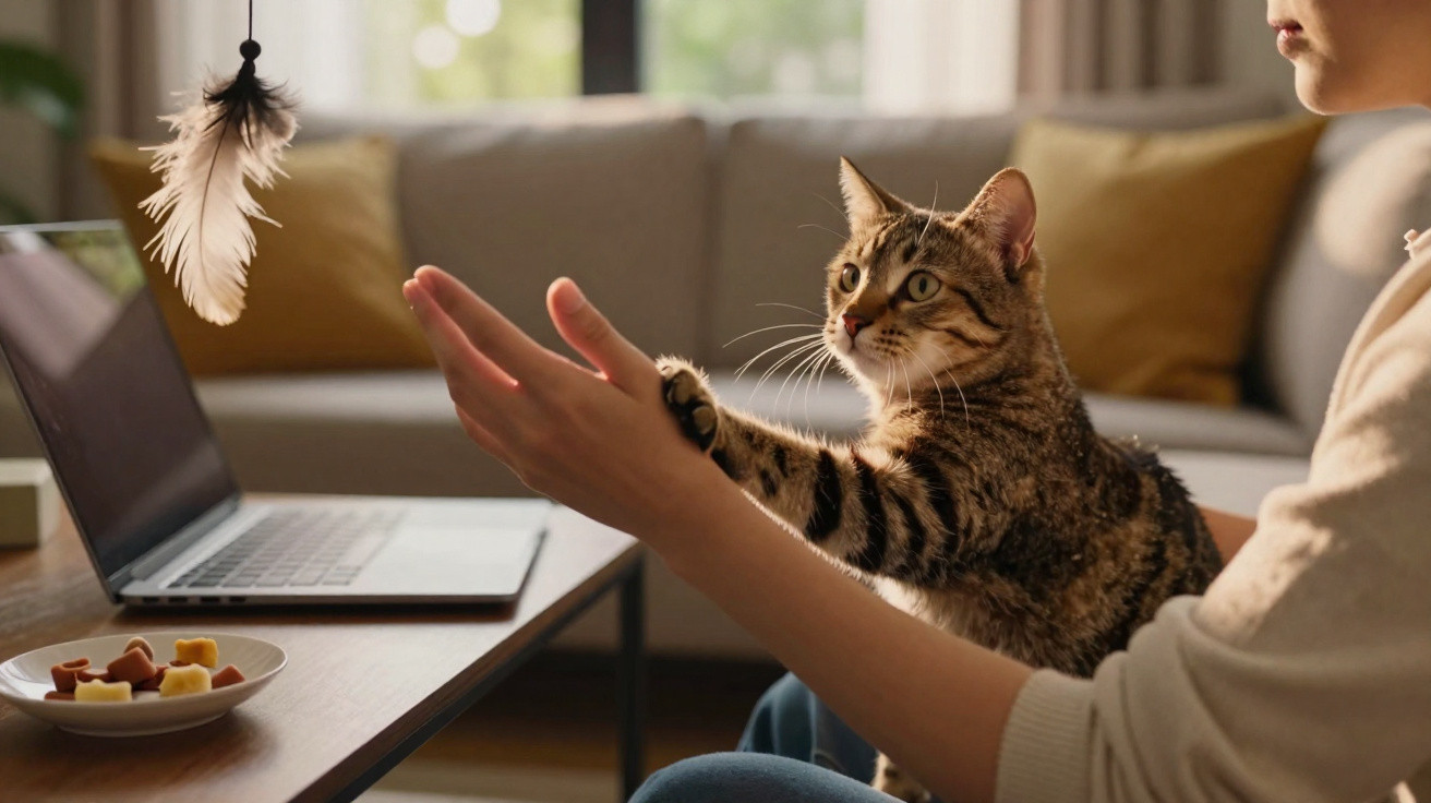 Gato brincando com pena pendurada enquanto pessoa senta com laptop em mesa à frente.