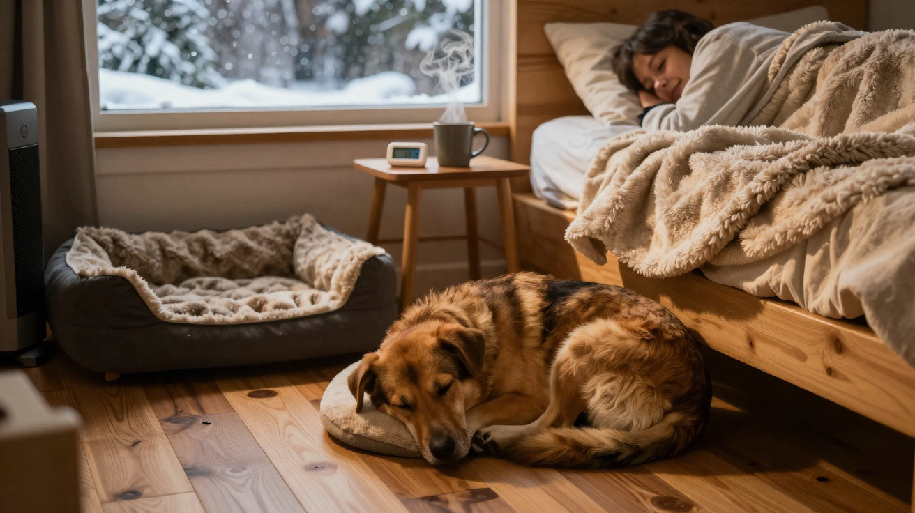 Mulher dormindo na cama enquanto cachorro dorme no chão em quarto aconchegante com vista para neve.