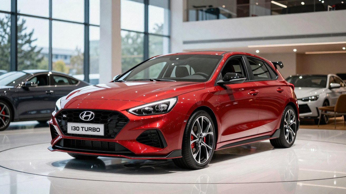 Carro Hyundai i30 Turbo vermelho exposto em ambiente interno moderno com piso branco brilhante.