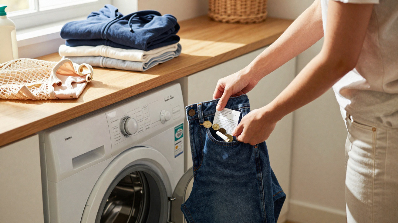 Pessoa retirando moedas e selo de roupa jeans antes de lavar na máquina de lavar roupas branca.