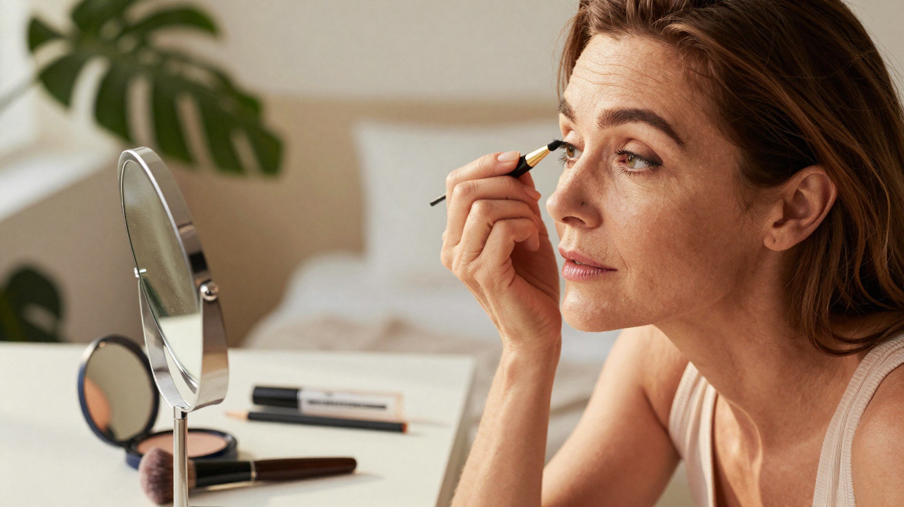 Mulher aplicando maquiagem nos olhos em frente a espelho sobre mesa com produtos de beleza.