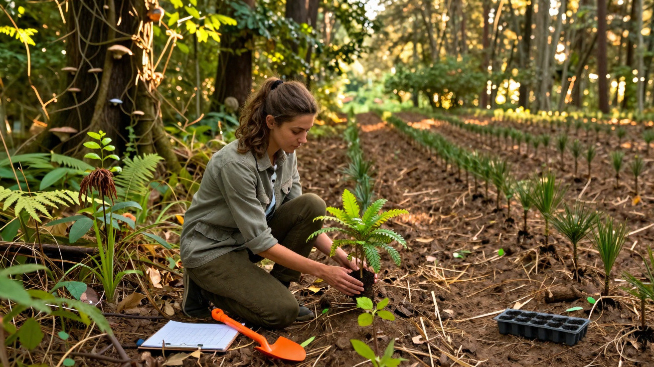 Mulher plantando muda em área de reflorestamento ao ar livre, cercada por árvores e plantas jovens.