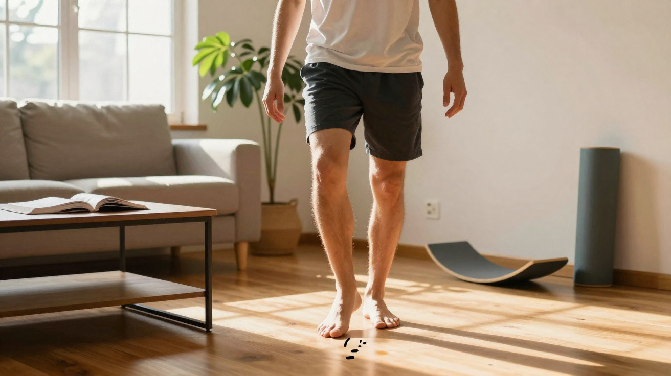 Homem caminhando descalço sobre chão de madeira em sala iluminada com sofá e planta.
