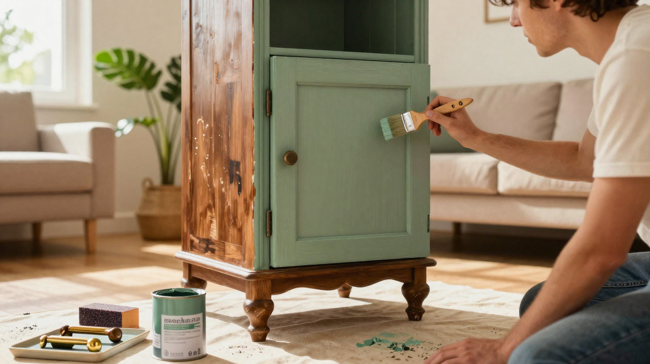 Pessoa pintando móvel de madeira com tinta verde em sala de estar iluminada.