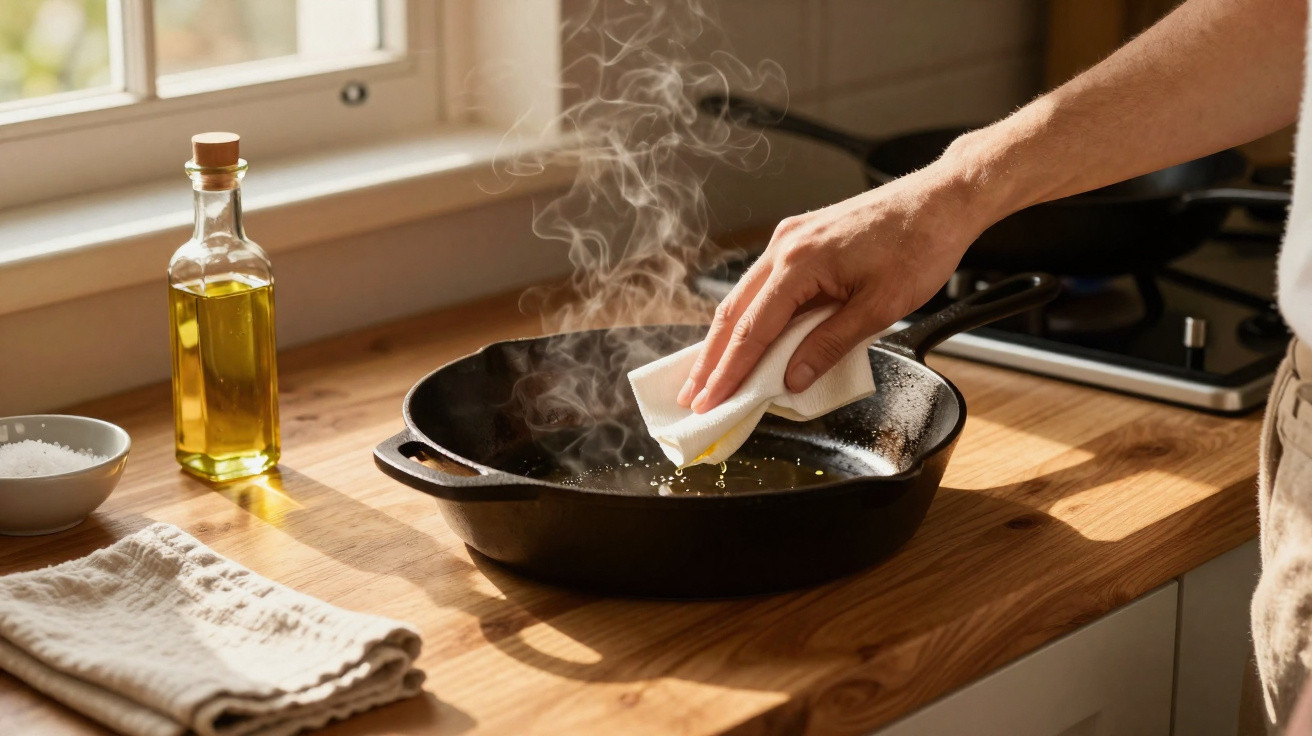 Mão segurando pano limpando frigideira de ferro fundido quente com vapor na cozinha iluminada.