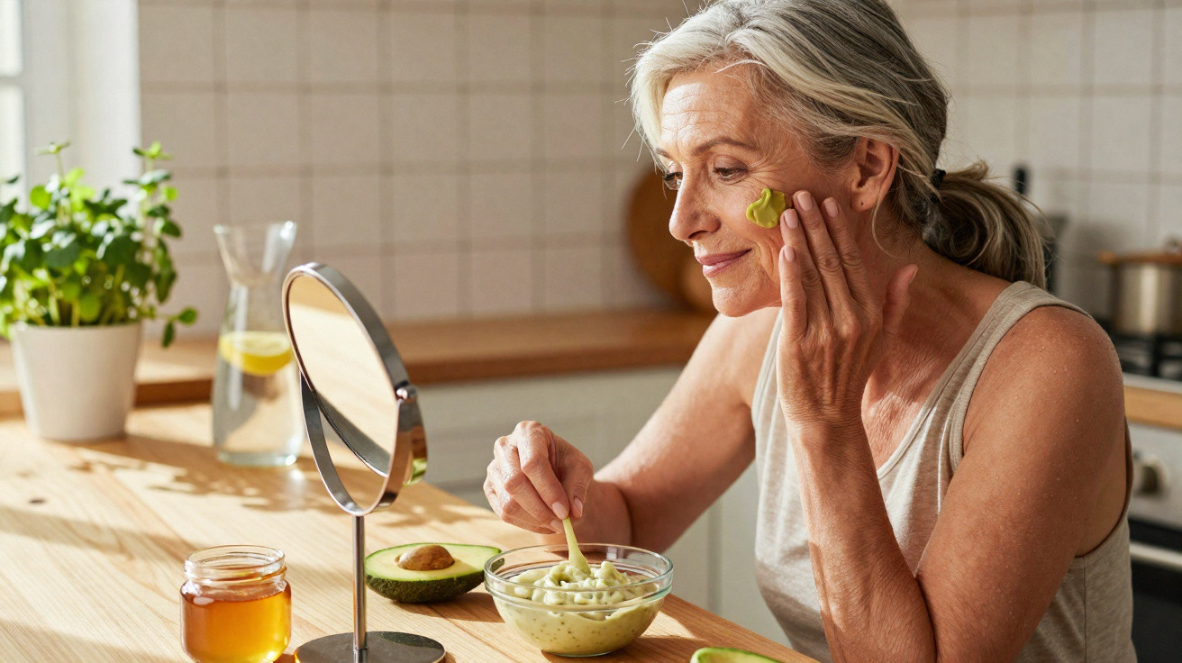 Mulher madura aplica máscara facial de abacate enquanto se olha no espelho na cozinha iluminada.