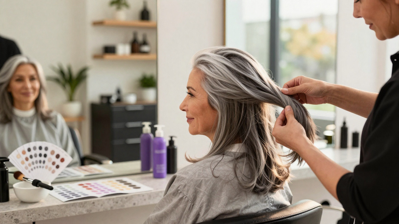 Mulher sorrindo no salão enquanto cabeleireira separa seu cabelo cinza para penteado.