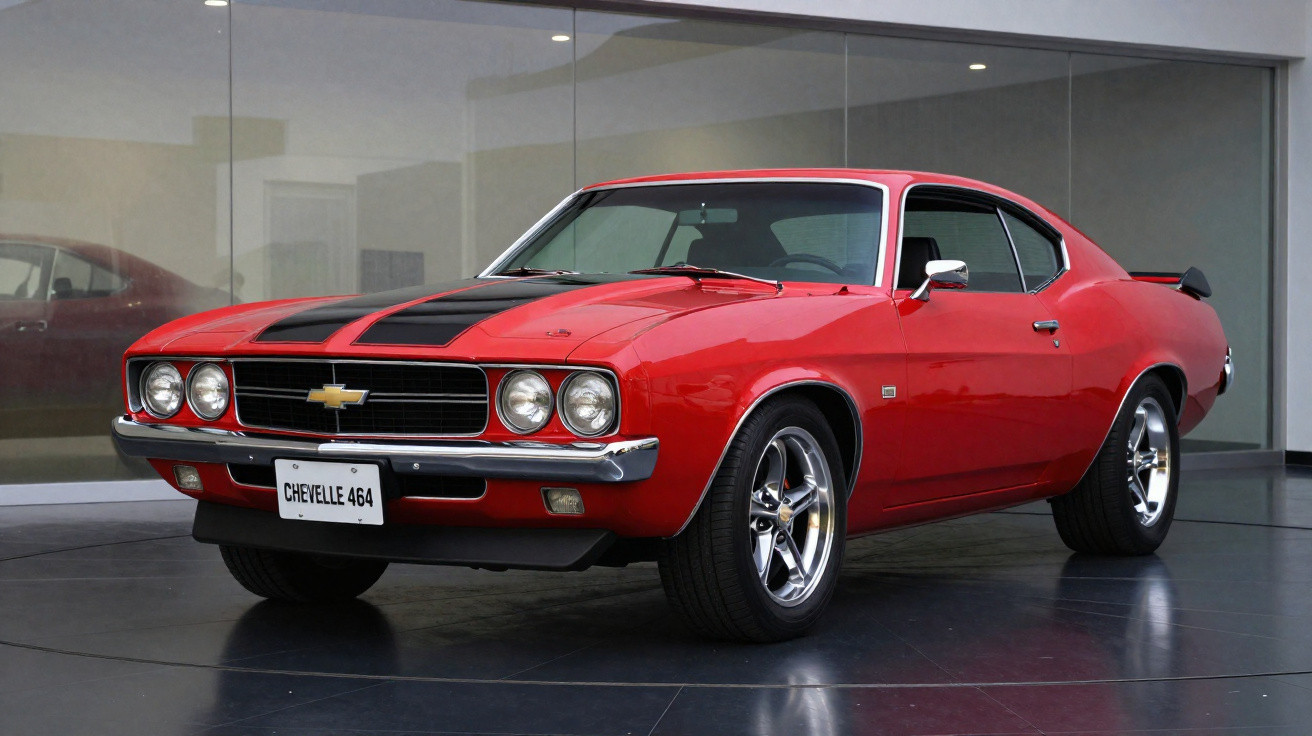Carro clássico vermelho Chevrolet Chevelle 464 com faixas pretas exposto em ambiente interno.