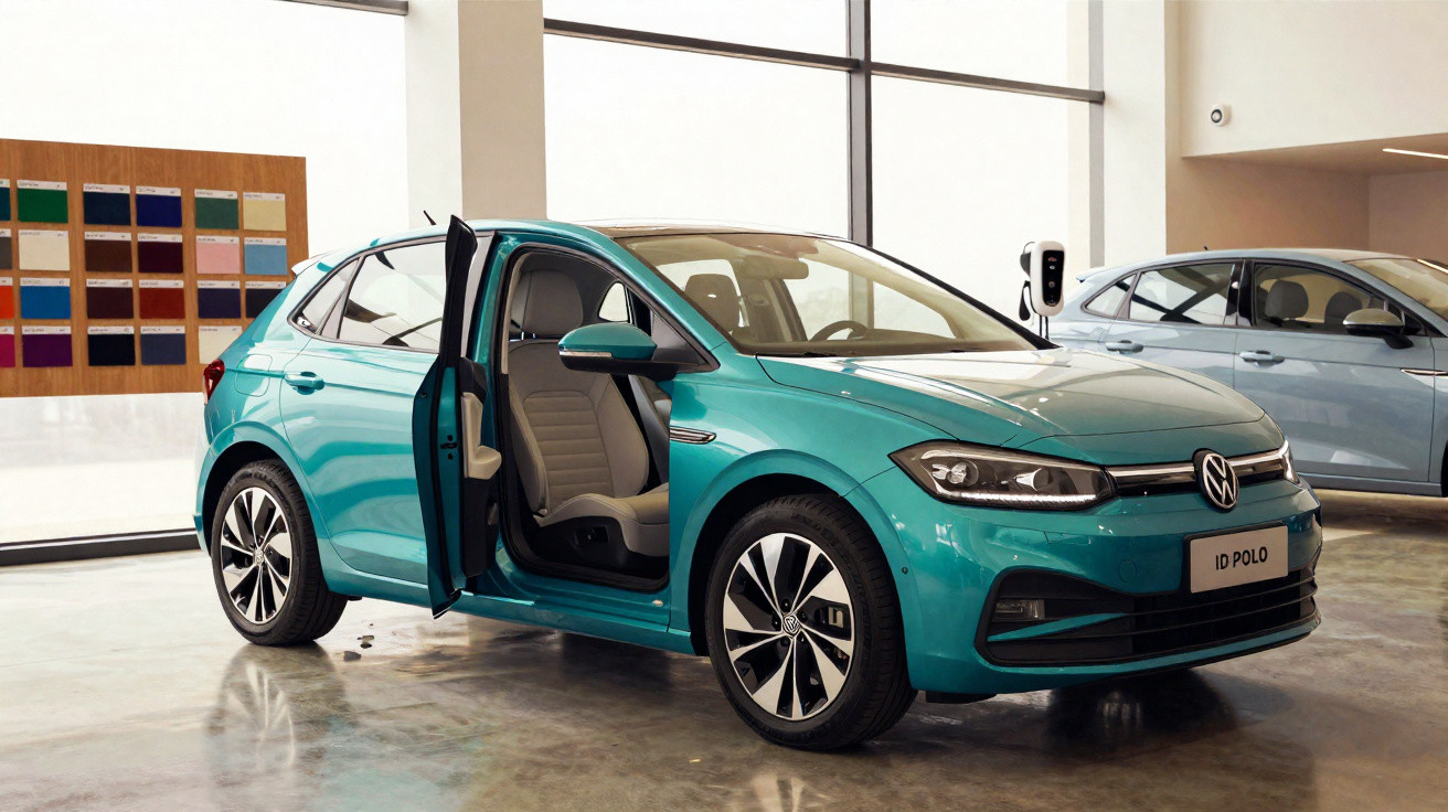 Carro Volkswagen ID Polo azul com porta dianteira aberta em showroom moderno e iluminado.