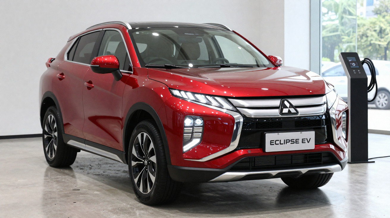 Carro elétrico vermelho Mitsubishi Eclipse EV estacionado em showroom, próximo a estação de carregamento.