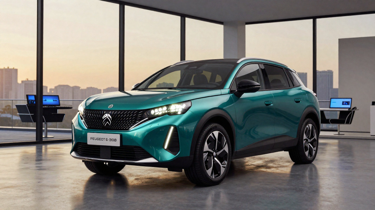 SUV elétrico Peugeot e-308 verde em ambiente interno moderno com janelas grandes e vista urbana ao pôr do sol.