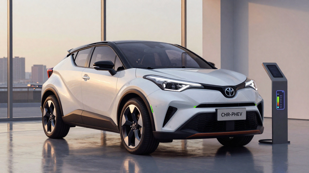 Carro elétrico Toyota branco modelo CHR-PHEV estacionado em garagem moderna com parede de vidro.