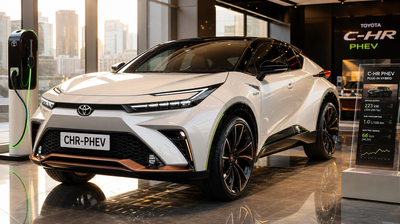 Carro híbrido plug-in branco Toyota C-HR PHEV exposto em showroom moderno com painel ao lado.