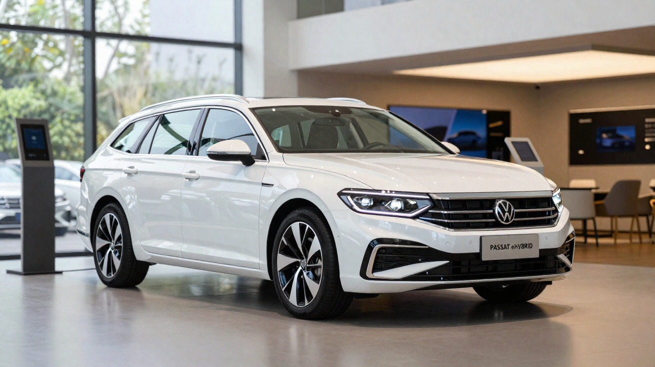 Carro branco Volkswagen Passat eHybrid em exibição dentro de showroom moderno.