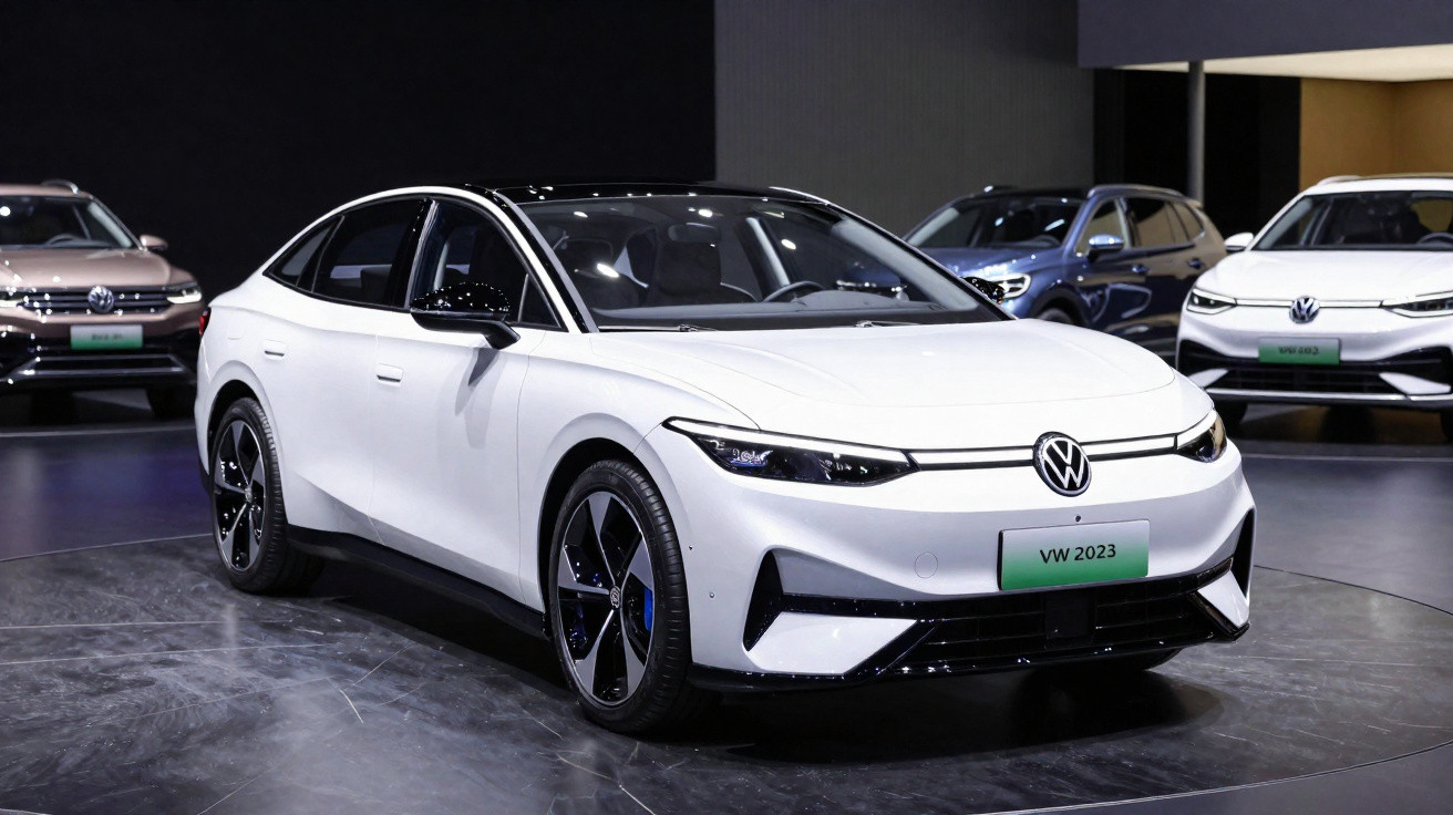 Carro elétrico Volkswagen branco em exposição, modelo 2023, com design moderno e futurista.
