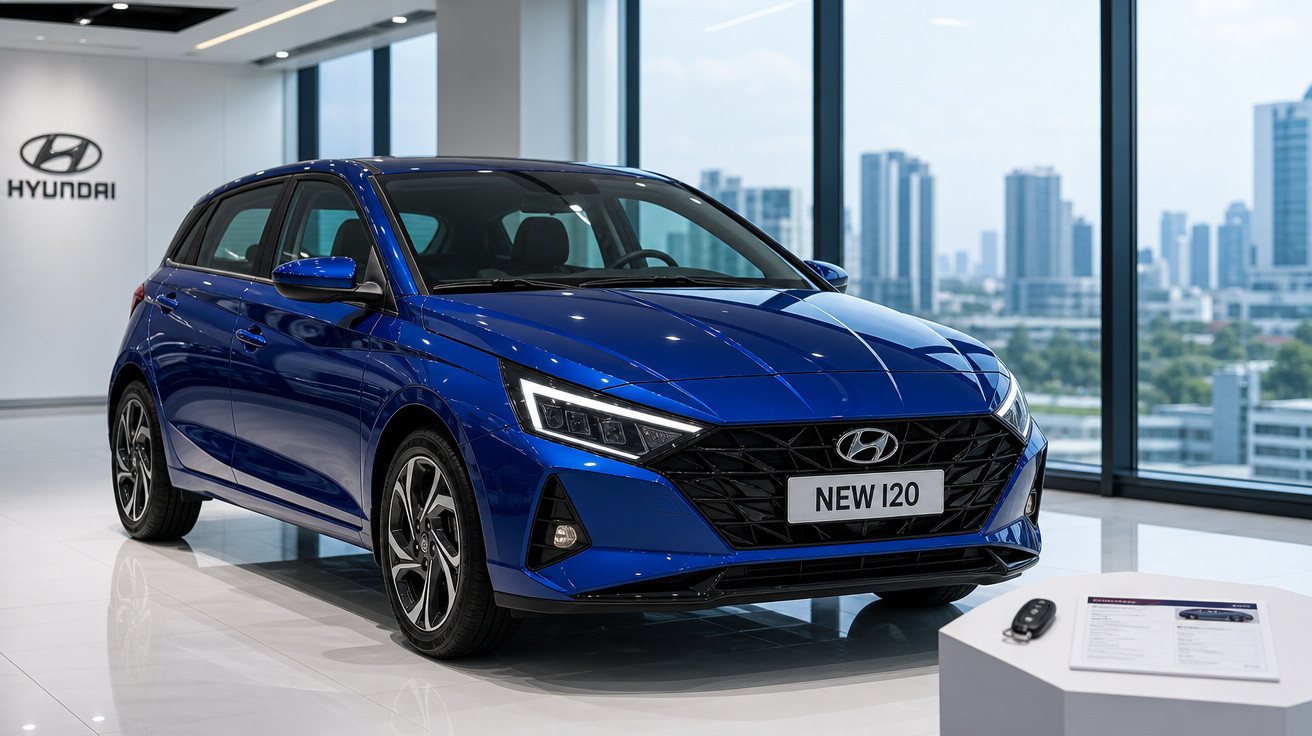 Carro Hyundai New i20 azul exibido em showroom moderno com painel de vidro e vista urbana.