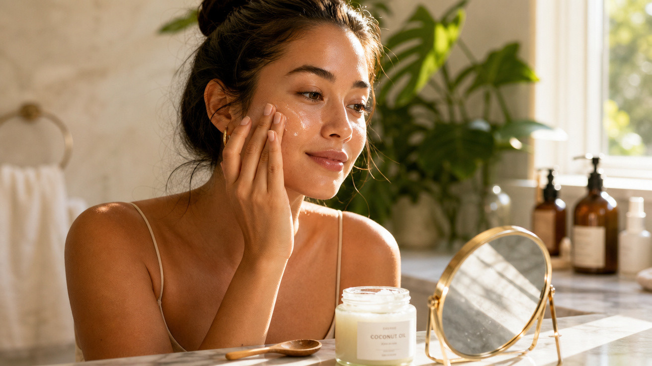 Mulher aplicando creme facial numa rotina de beleza em ambiente iluminado com espelho e frascos ao fundo.