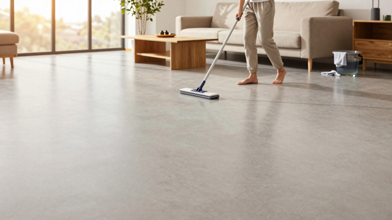 Pessoa limpando piso claro de sala moderna com esfregão, sofá bege e mesa de madeira ao fundo.