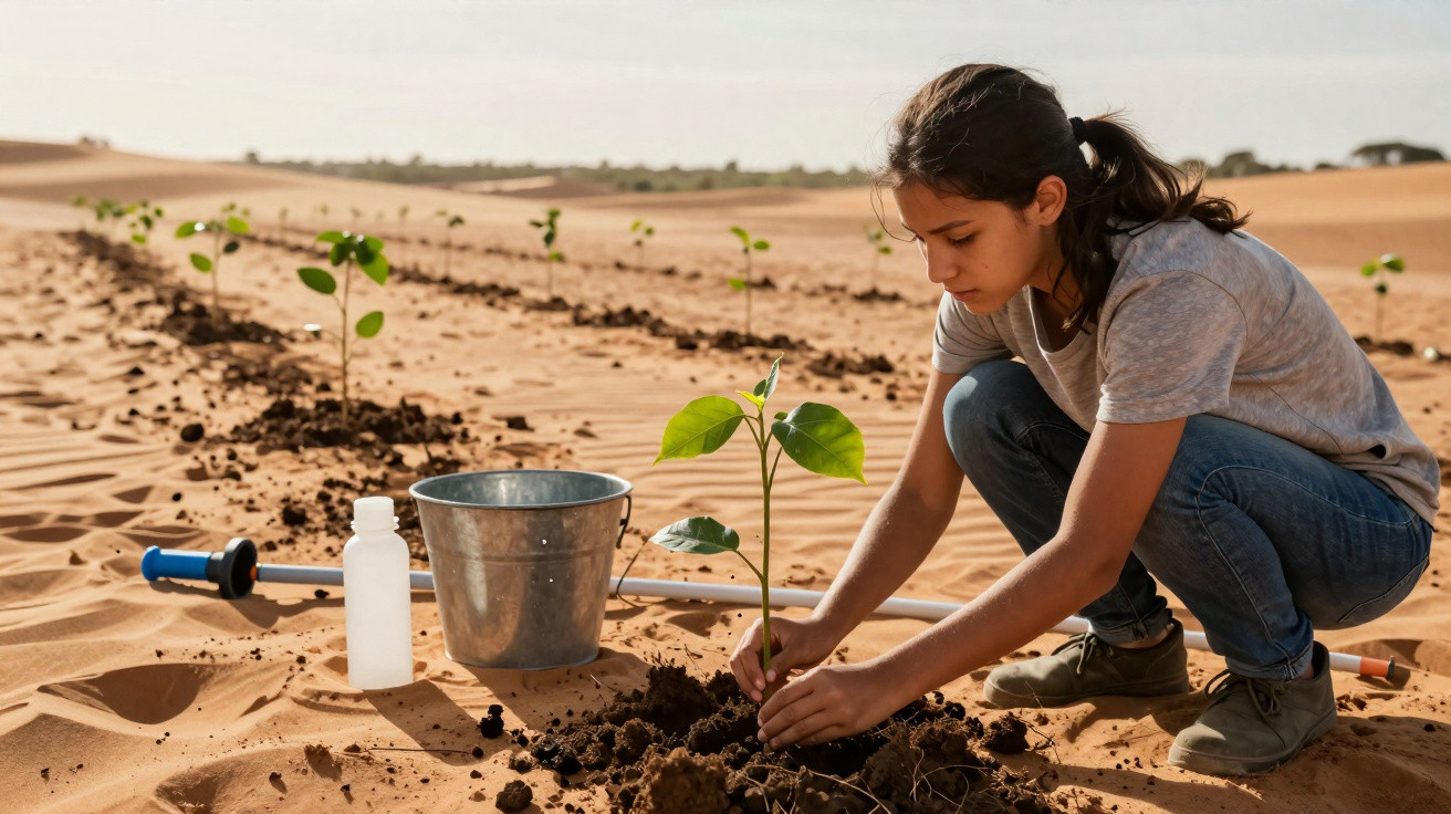 Menina plantando muda em terra arenosa com regador, balde e muitas mudas ao fundo em campo seco.