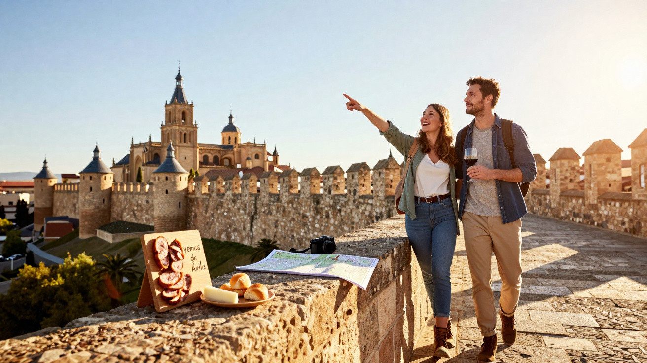 Casal turista andando em muralha histórica com vinho, mapa e queijos em dia ensolarado.