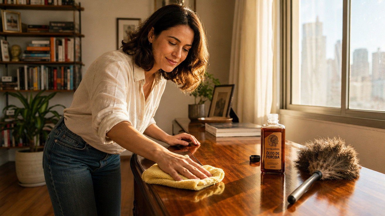 Mulher limpando mesa de madeira com pano amarelo, ao lado óleo de peroba e espanador em sala iluminada.
