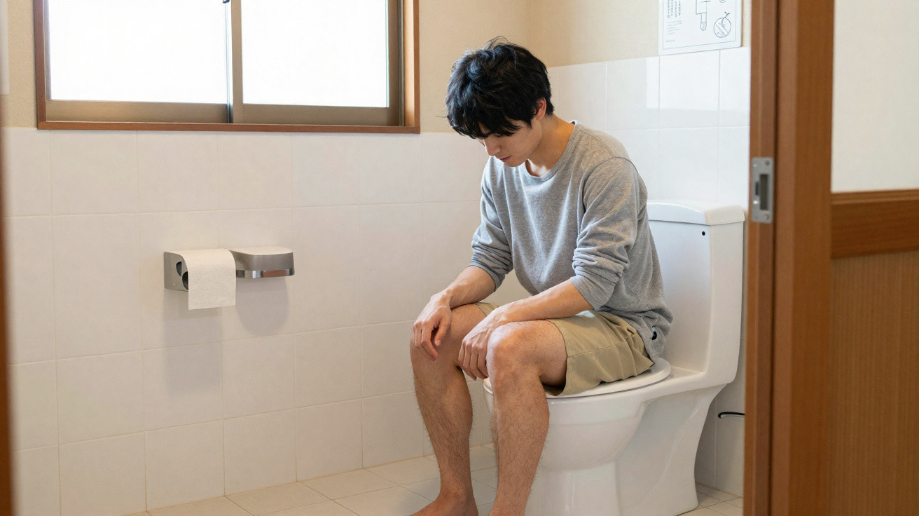 Homem sentado no vaso sanitário olhando para baixo em banheiro claro com janela e papel higiênico.