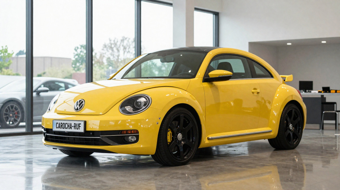 Carro Volkswagen Fusca amarelo em exposição dentro de showroom com piso refletivo.