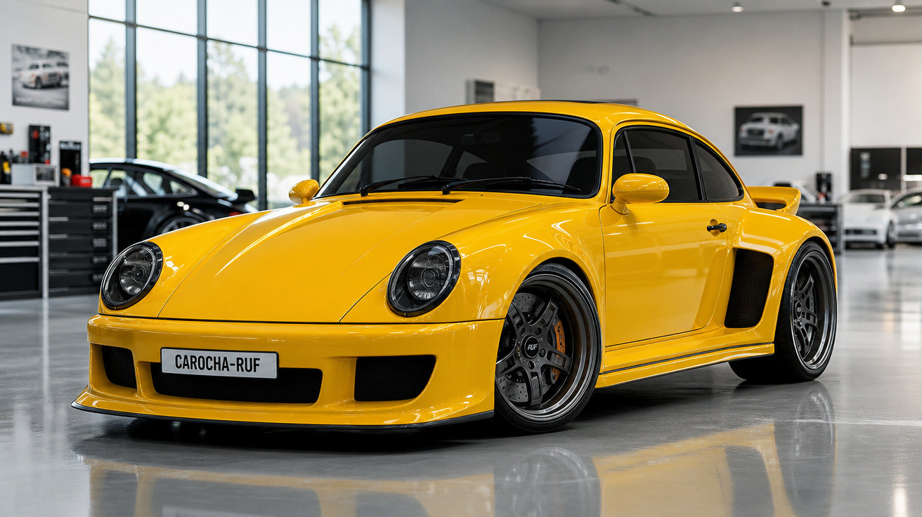 Carro esportivo amarelo estacionado em garagem com vidraças grandes ao fundo.