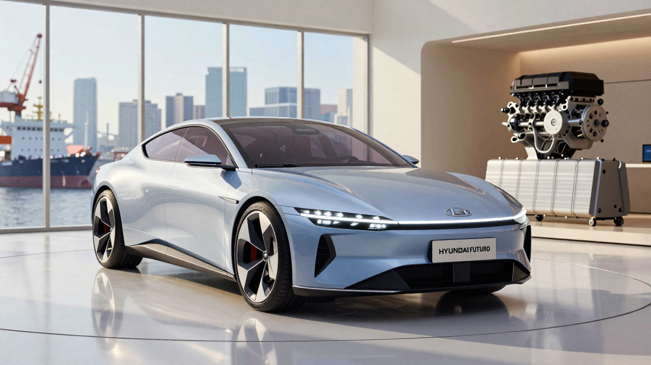 Carro futurista Hyundai Futuro prata exposto em salão com motor ao fundo e vista para o porto.