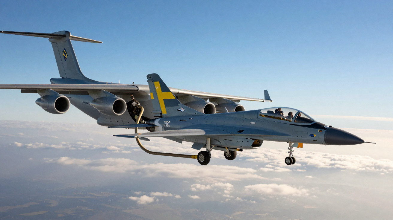 Avião de combate sendo abastecido em voo acima das nuvens com céu azul ao fundo.