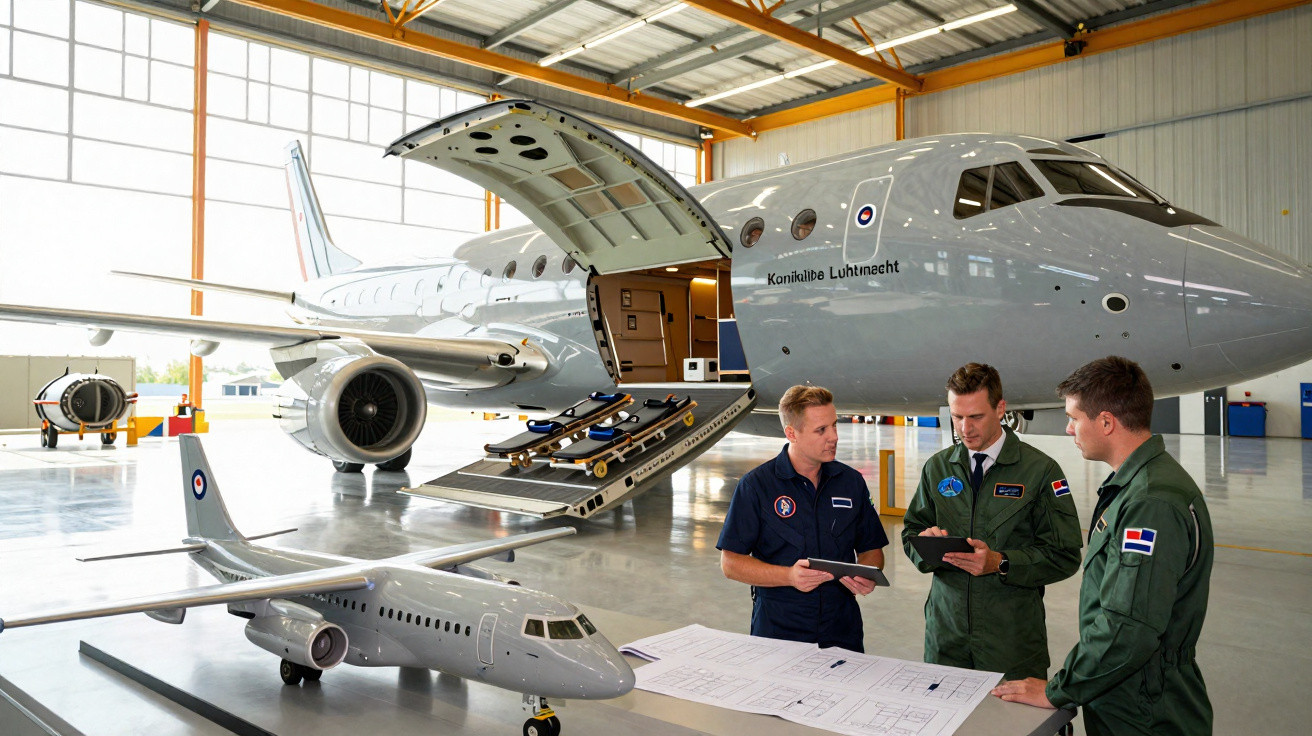 Homens em uniforme discutem planos diante de avião militar cinza em hangar iluminado.