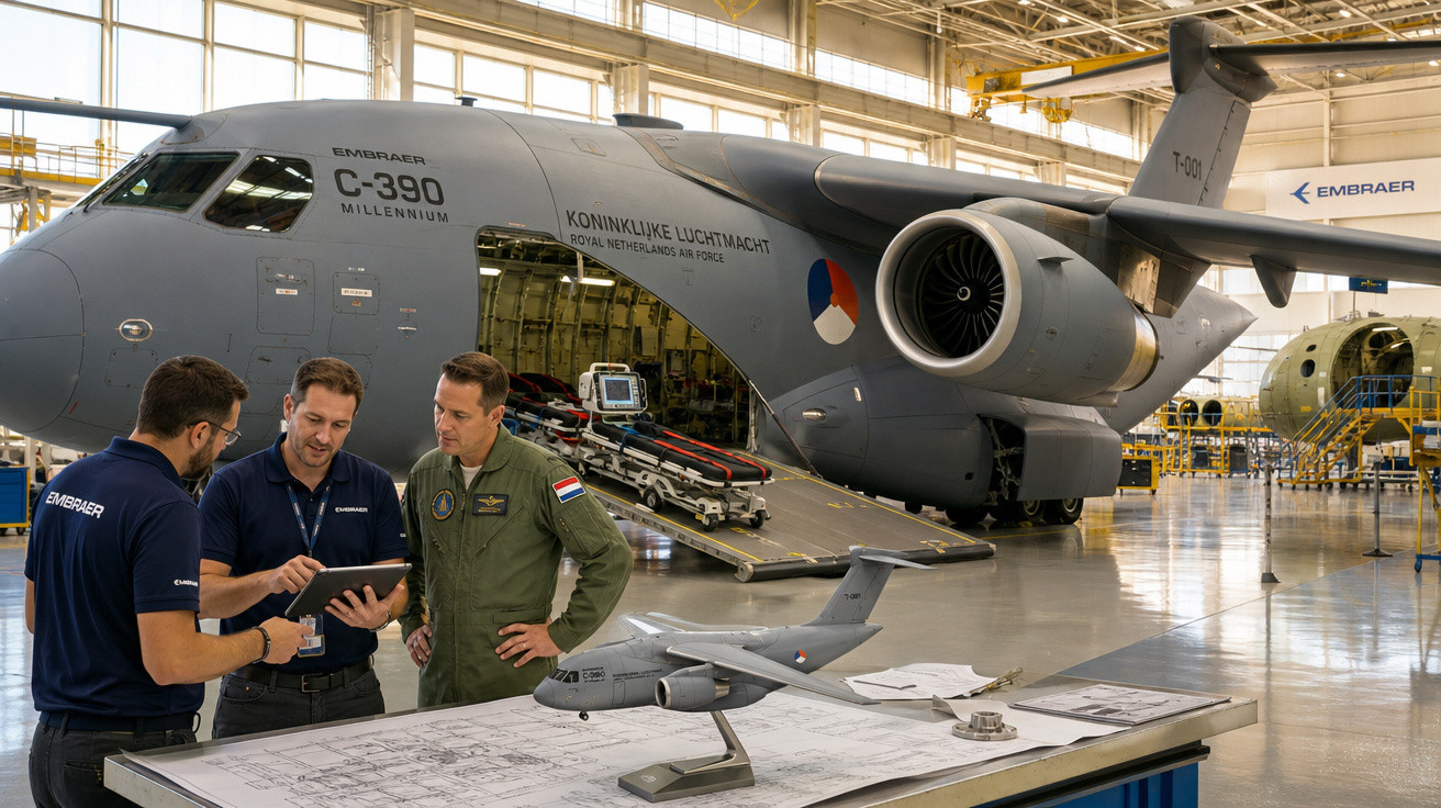 Três homens em hangar conversando diante de maquete e plantas de avião de transporte militar Embraer C-390.