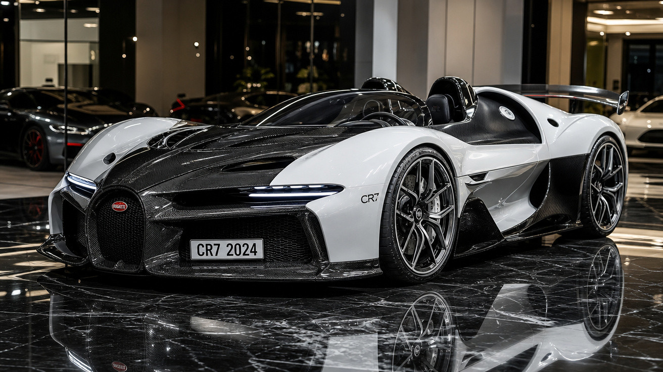 Carro esportivo Bugatti CR7 2024 branco e preto, design aerodinâmico e rodas de liga leve em showroom.