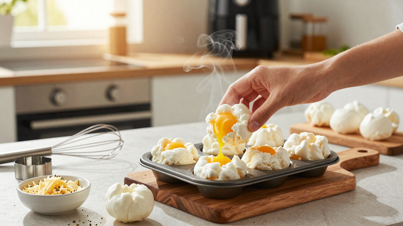 Mãos segurando muffin inglês com ovo pochê, tigela com queijo ralado e utensílios na bancada da cozinha.