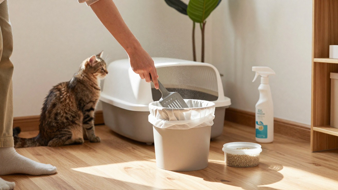 Pessoa limpando caixa de areia de gato com pá, ao lado de pote de ração e spray de limpeza.