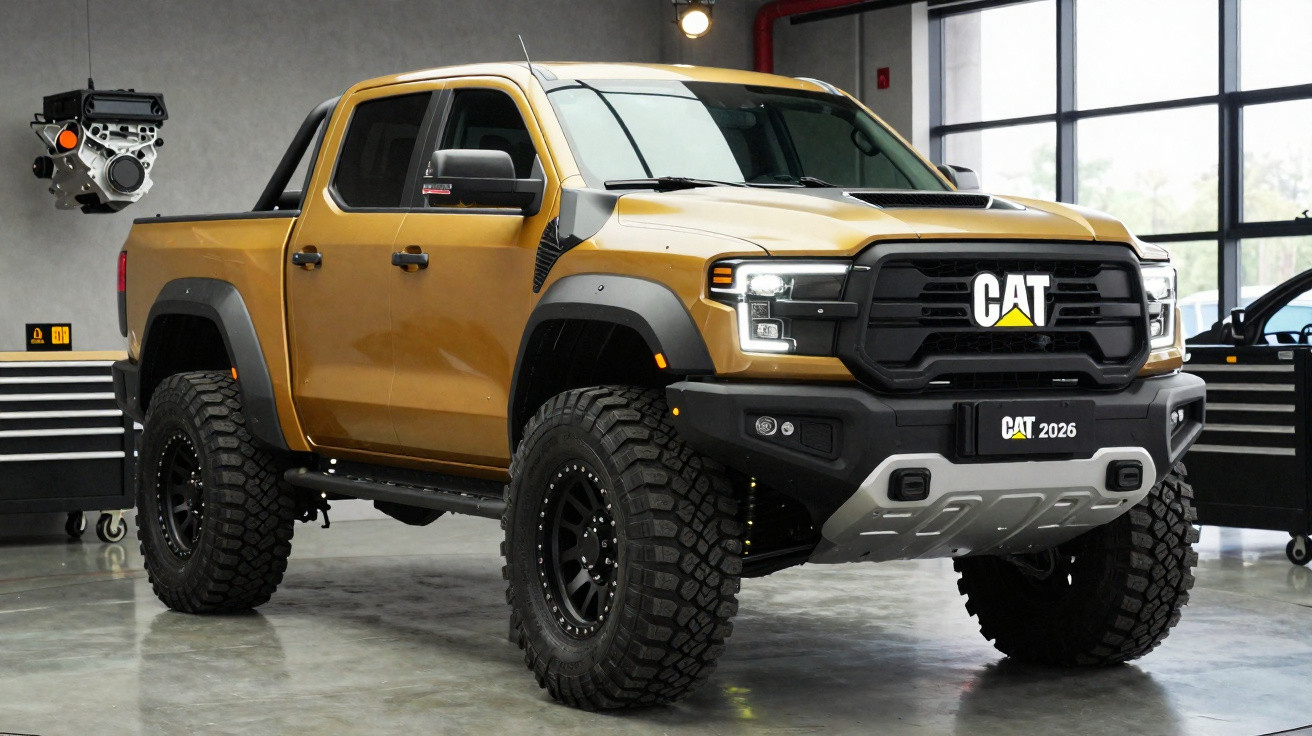 Picape off-road amarela CAT 2026 estacionada em oficina com motor suspenso ao fundo.